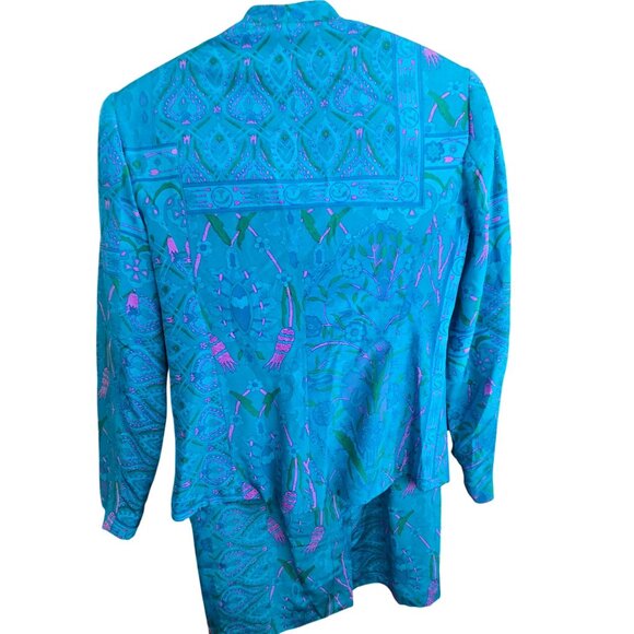 Anne Crimmins Turquoise Floral Silk Blazer & Skirt Set Size 4 Womens HS164 - Picture 10 of 12
